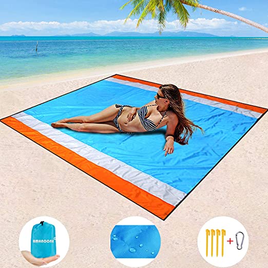 Bestomrogh Beach Blanket Large 210 x 200CM Sand Proof Waterproof Portable Picnic Outdoor Mat with 4 Fixed Pegs Carabiner and Pocket for Travel Camping Hiking 